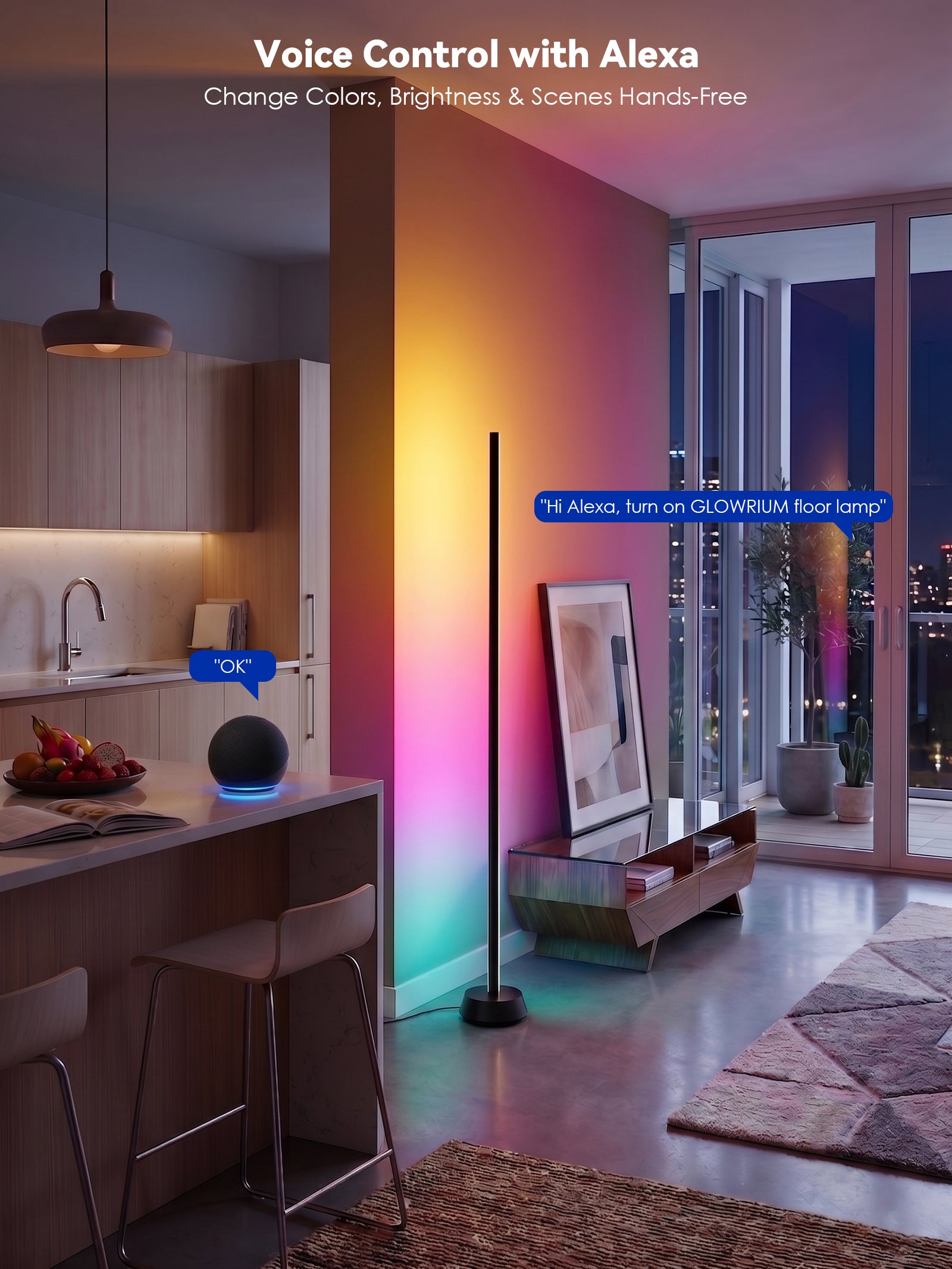 GLOWRIUM® H4 Smart LED Corner Floor Lamp – RGB+IC Color Effects, Alexa &amp; App Control, Dimmable Ambient Lighting for Gaming Rooms &amp; Living Spaces