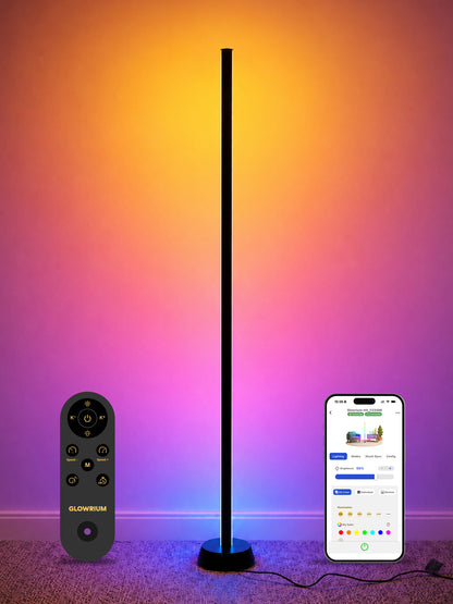 GLOWRIUM® H4 Smart LED Corner Floor Lamp – RGB+IC Color Effects, Alexa &amp; App Control, Dimmable Ambient Lighting for Gaming Rooms &amp; Living Spaces