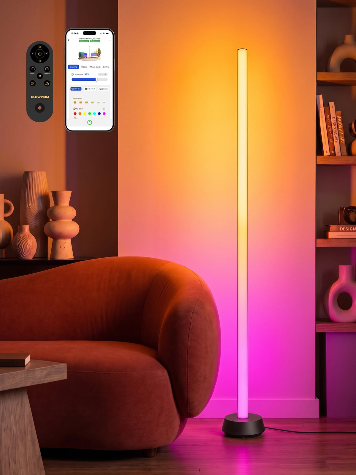 GLOWRIUM® H4 Smart LED Corner Floor Lamp – RGB+IC Color Effects, Alexa &amp; App Control, Dimmable Ambient Lighting for Gaming Rooms &amp; Living Spaces