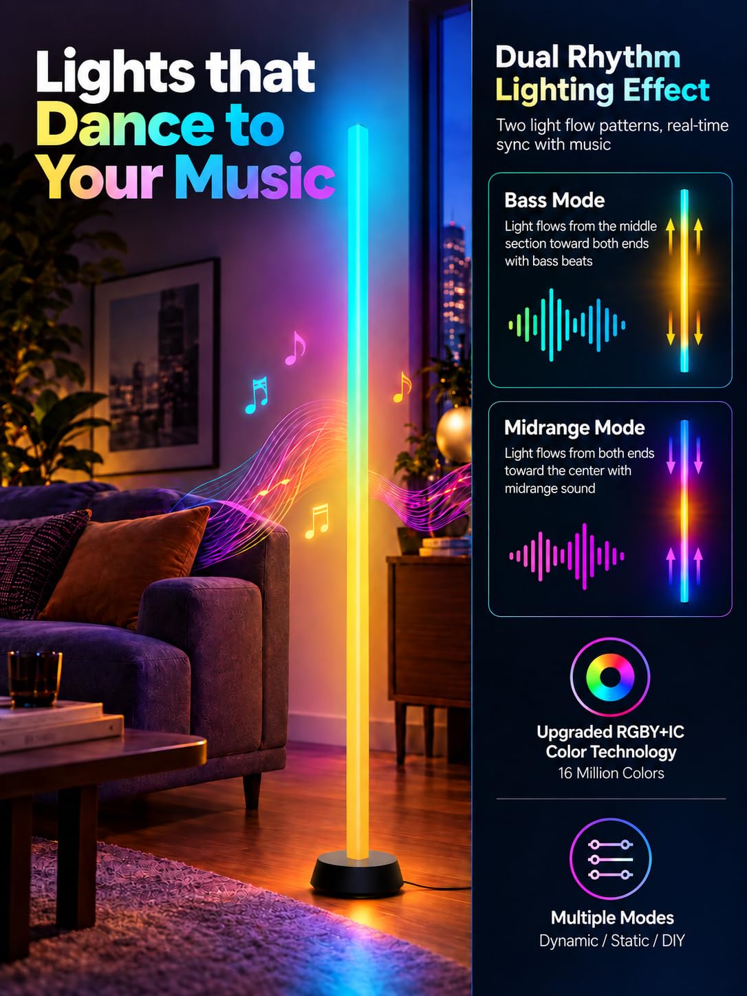 GLOWRIUM® H4 Smart LED Corner Floor Lamp – RGB+IC Color Effects, Alexa &amp; App Control, Dimmable Ambient Lighting for Gaming Rooms &amp; Living Spaces