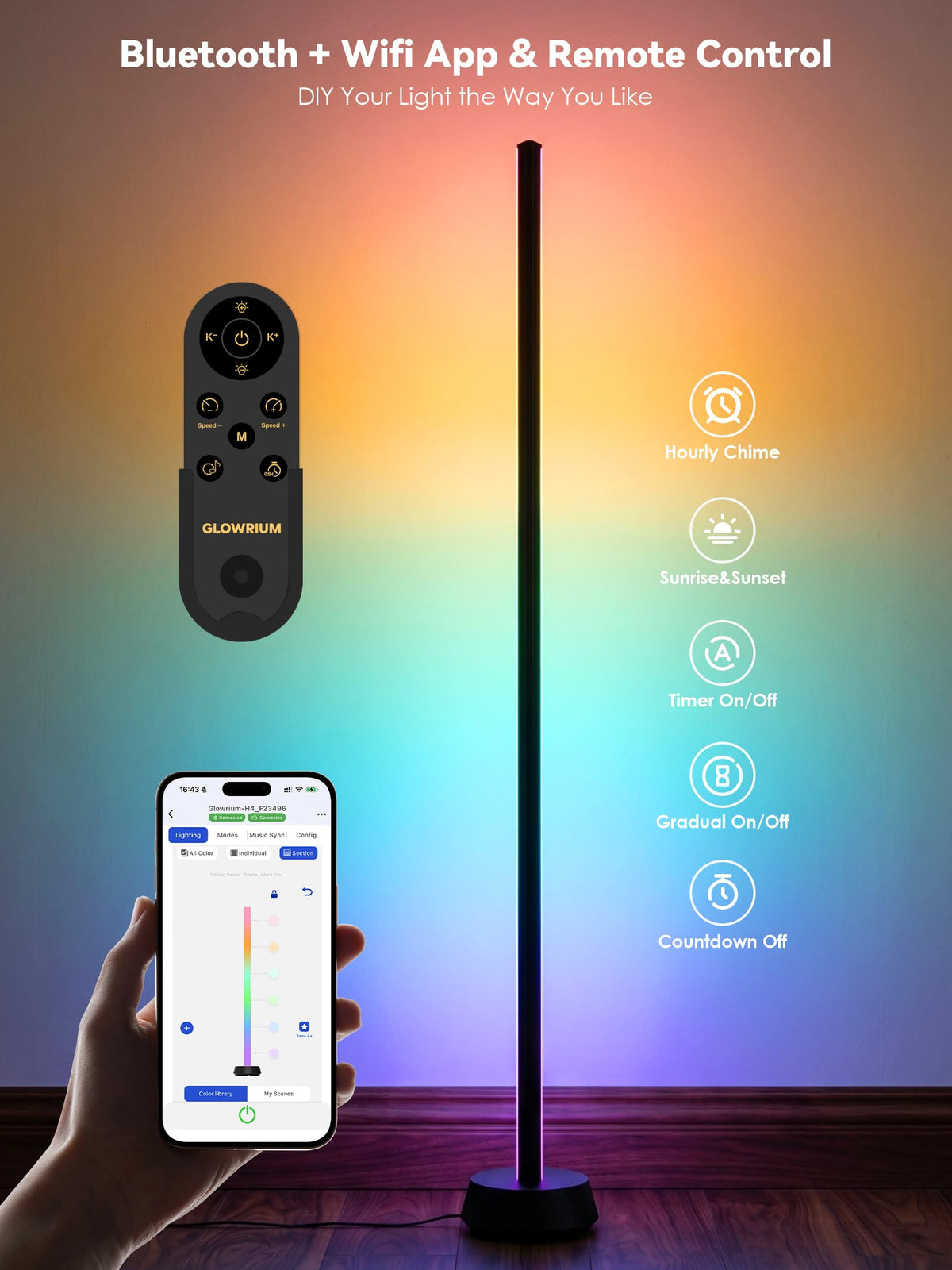 GLOWRIUM® H4 Smart LED Corner Floor Lamp – RGB+IC Color Effects, Alexa &amp; App Control, Dimmable Ambient Lighting for Gaming Rooms &amp; Living Spaces