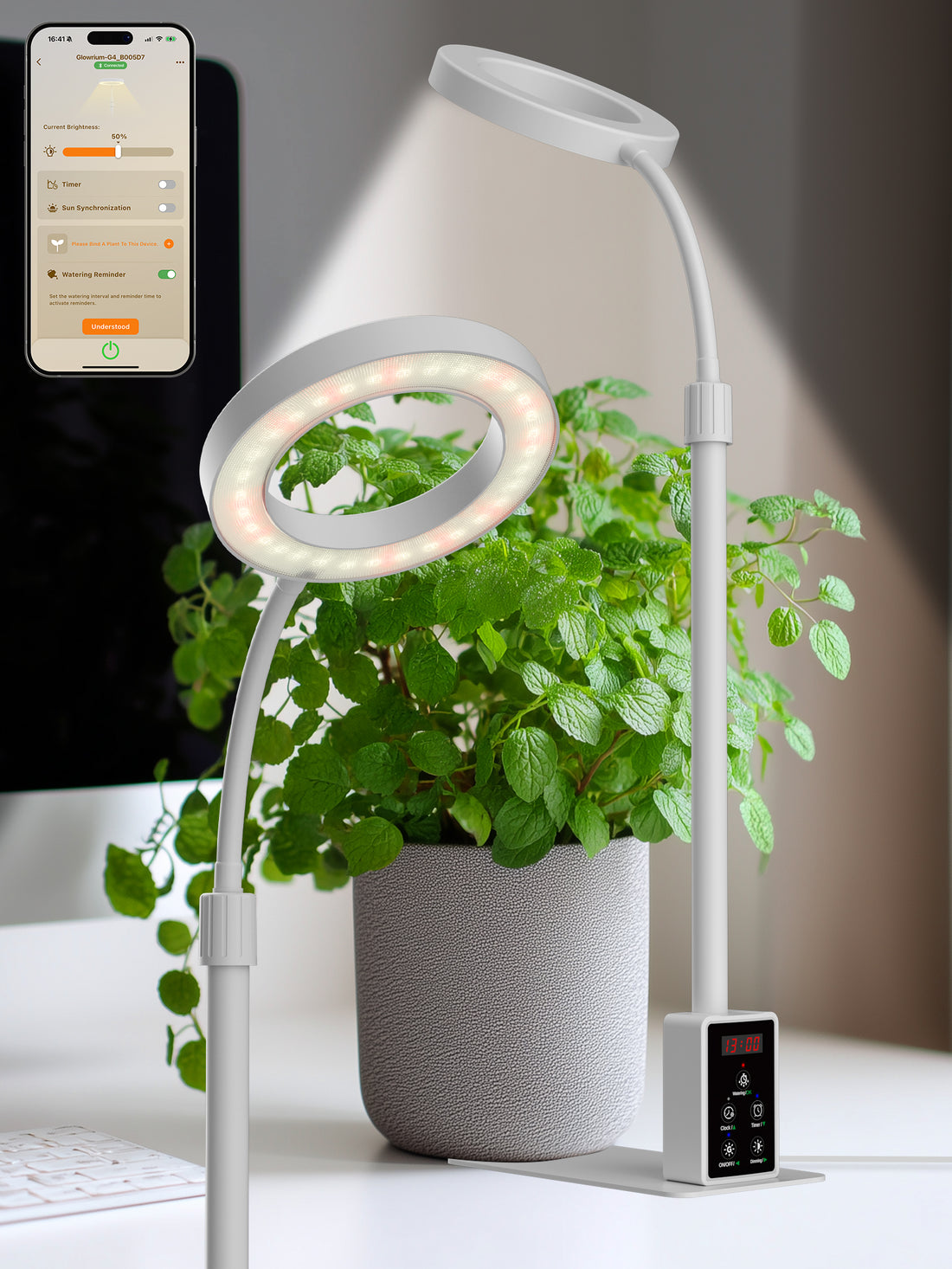 Glowrium 8W Smart Grow Light – Full-Spectrum LED for Indoor Plants with App Control, Custom Timer, Adjustable Height &amp; Smart Plant Assistant