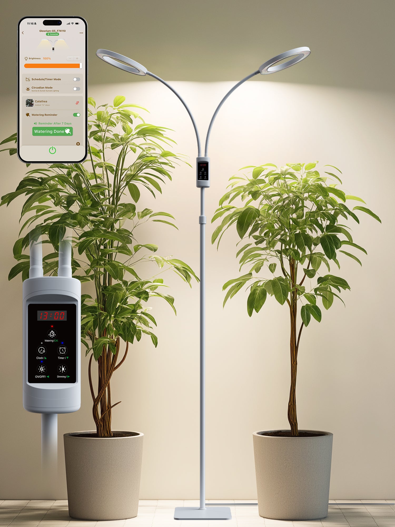 Smart Floor LED Grow Light 48W – Dual-Head Full Spectrum, Adjustable Height, Stepless Dimming, Auto-Timer for Most Indoor Plants-G5