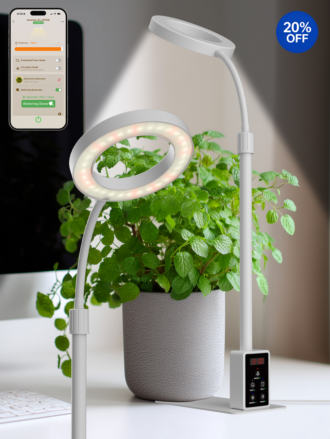 GLOWRIUM® G4 8W Intelligente LED-Pflanzenlampe – Vollspektrum-Pflanzenlampe für den Innenbereich mit App-Steuerung, einstellbarer Höhe, Dual-Timer, Pflanzenpflege-Assistent