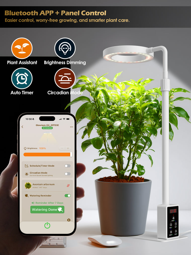 GLOWRIUM® G4 8W Smart LED Grow Light - Full Spectrum Indoor Plant Lamp with App Control, Adjustable Height, Dual Timer, Plant Care Assistant