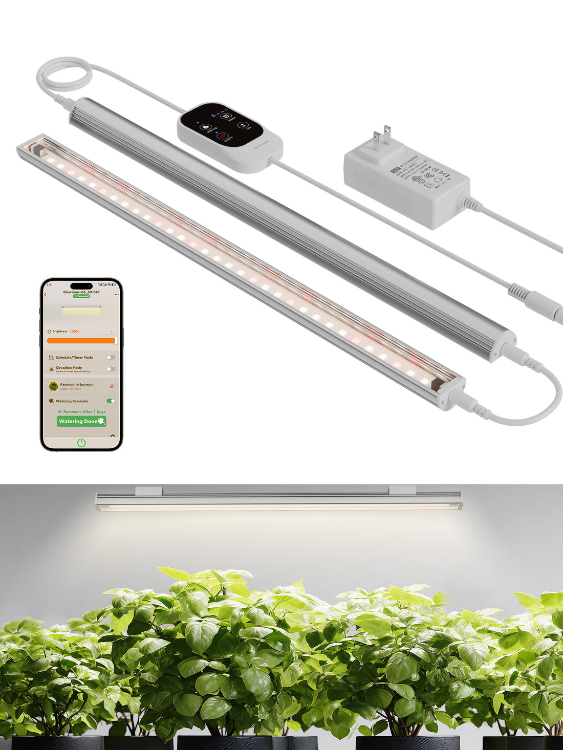 GLOWRIUM G6 smart LED grow light bars 2 pack kit in silver aluminum housing with power adapter