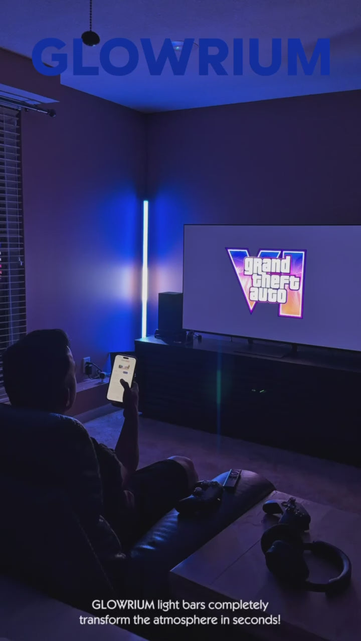 GLOWRIUM® H4 Smart LED Corner Floor Lamp – RGB+IC Color Effects, Alexa &amp; App Control, Dimmable Ambient Lighting for Gaming Rooms &amp; Living Spaces